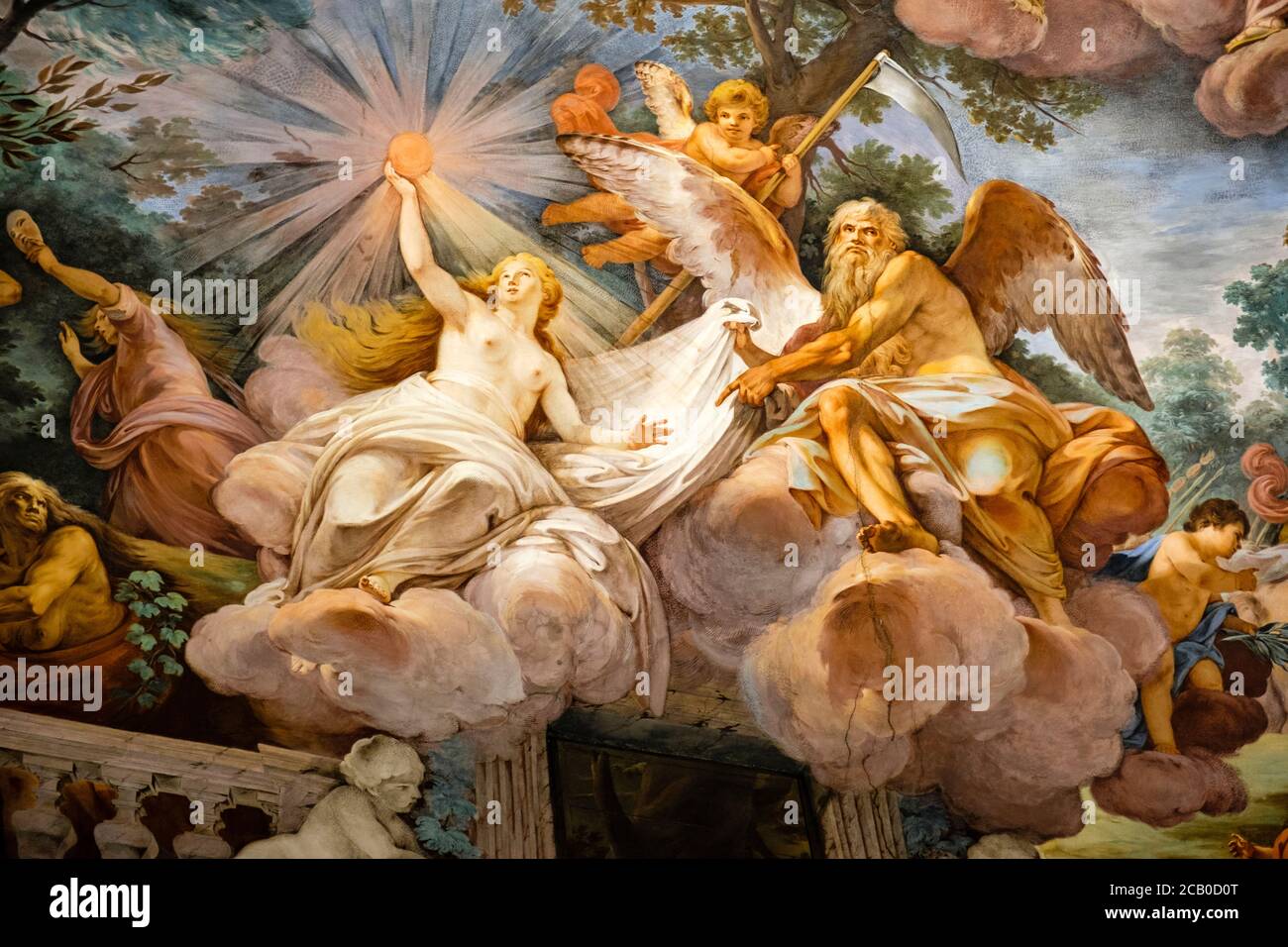 Arte italiana, dettaglio dell'Apoteosi di Romolo di Mariano Rossi, affresco sul soffitto presso la Galleria Borghese, Museo di Roma Foto Stock