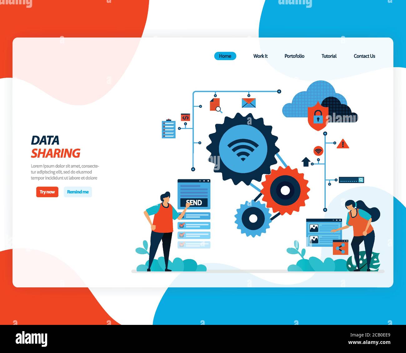 illustrazione di cartoni animati vettoriali della tecnologia di condivisione dei dati, lavoratore remoto, industria di rete 4.0, persone che inviano file di lavoro. miglioramento del cloud per il caricamento è Illustrazione Vettoriale