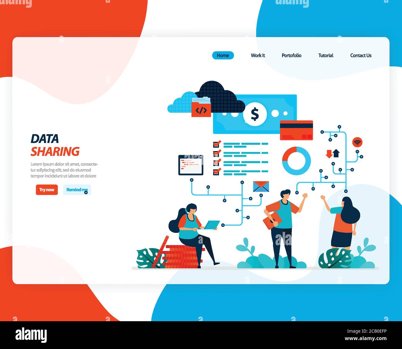 cartoni animati vettoriali illustrazione della condivisione dei dati finanziari, lavoratore remoto, settore bancario 4.0, persone che inviano denaro online. miglioramento del cloud per il trasferimento Illustrazione Vettoriale