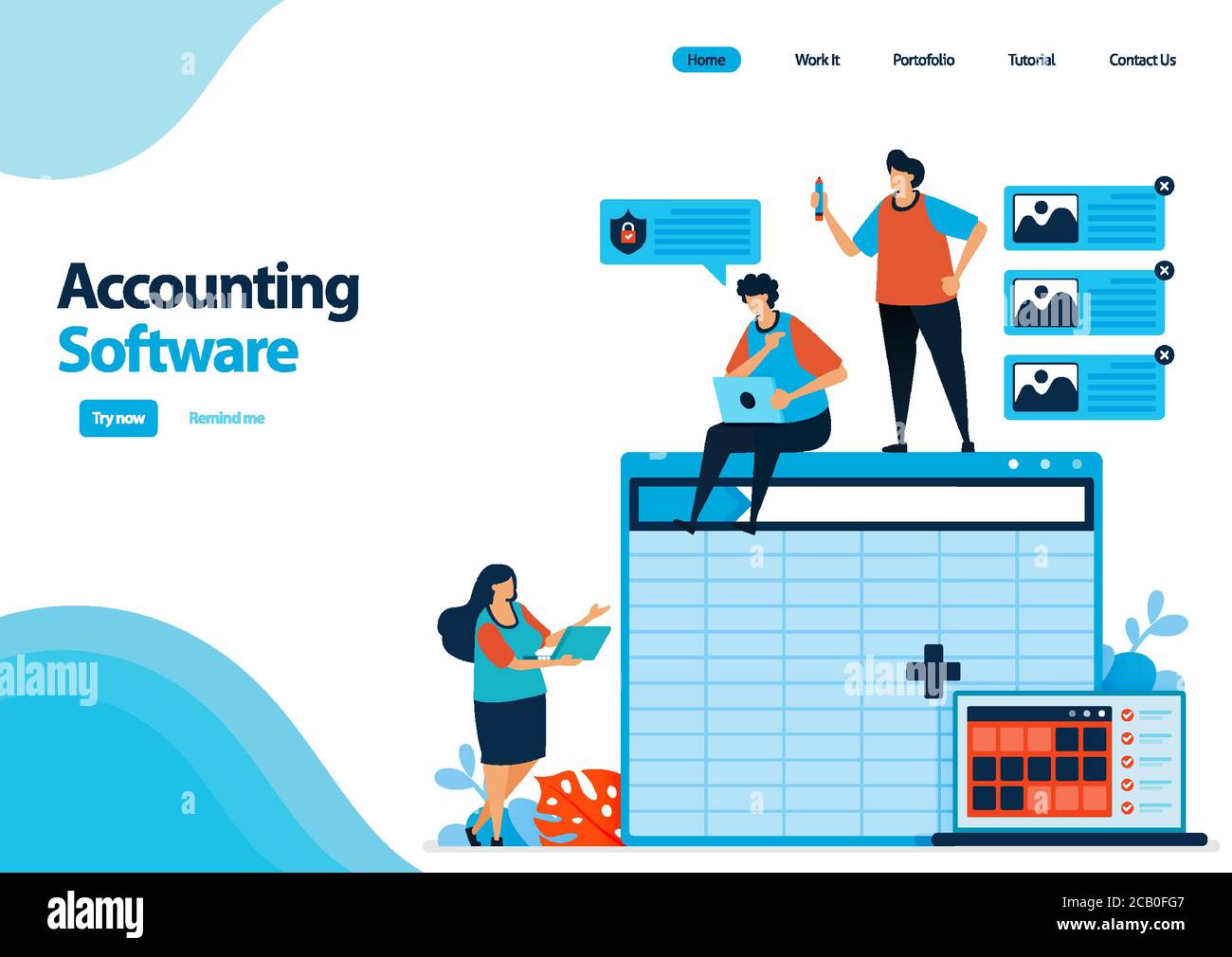 modello di landing page del software di contabilità con un foglio di lavoro per la creazione di bilancio. foglio di calcolo software su computer e computer portatili. illustrazione Illustrazione Vettoriale