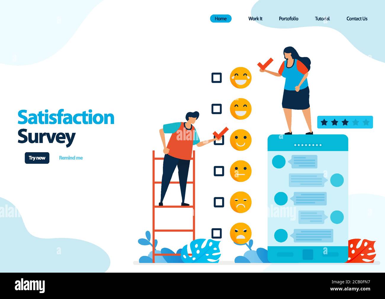 modello di landing page dei sondaggi sulla soddisfazione delle emoticon. fornire valutazioni e stelle per i servizi delle app. buon feedback con emoticon. illustrazione per banner Illustrazione Vettoriale