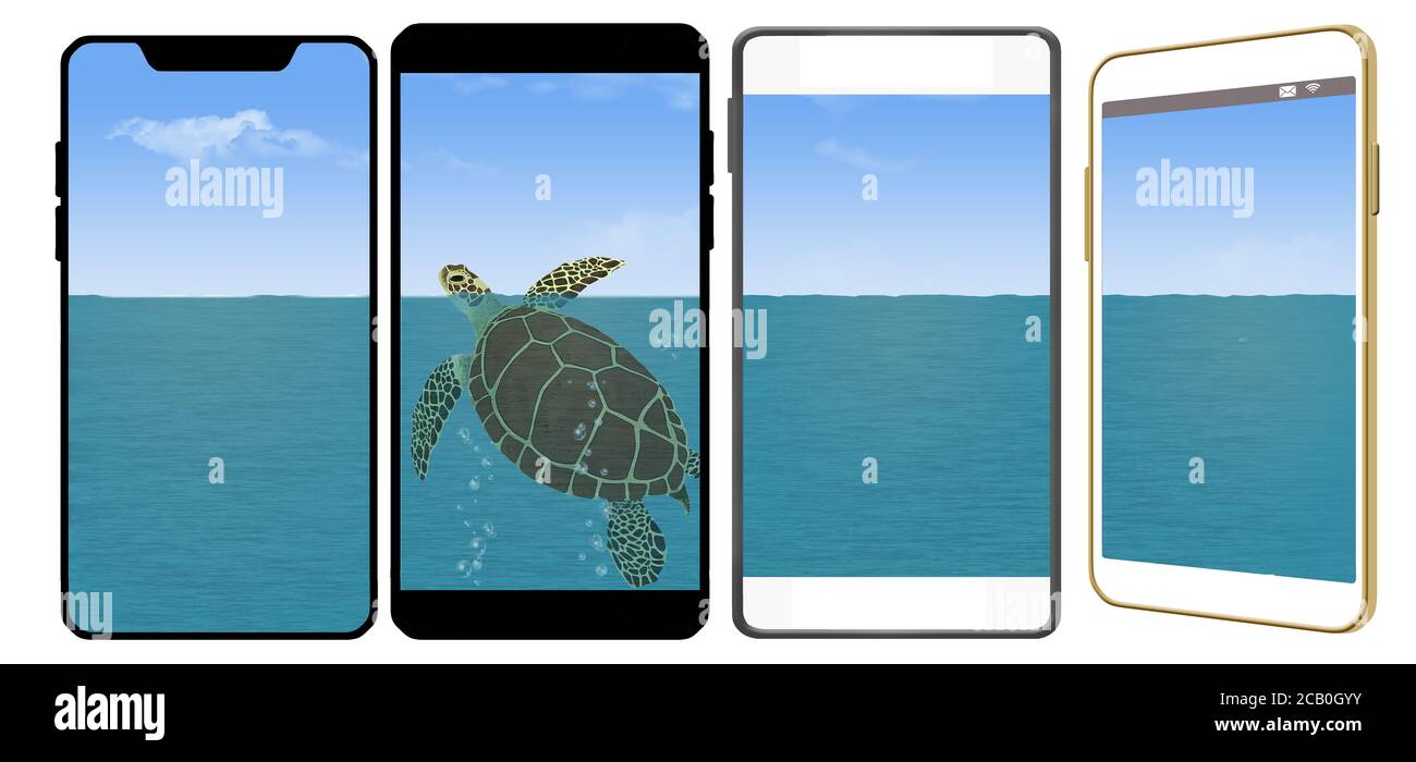 Quattro telefoni cellulari mostrano una scena oceanica con una tartaruga di mare verde che si affaccia. È un'illustrazione circa la fotografia del telefono delle cellule, persino sott'acqua. Foto Stock