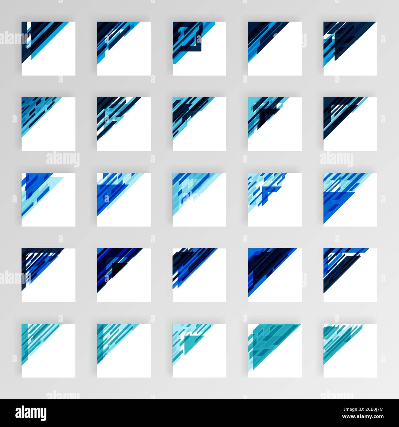 Pacchetto decor angolare per biglietti da visita in stile moderno tecnologico. Ornamento moderno per disegni in Blu chiaro e Blu scuro. È possibile utilizzare illustrazioni di progettazione Illustrazione Vettoriale