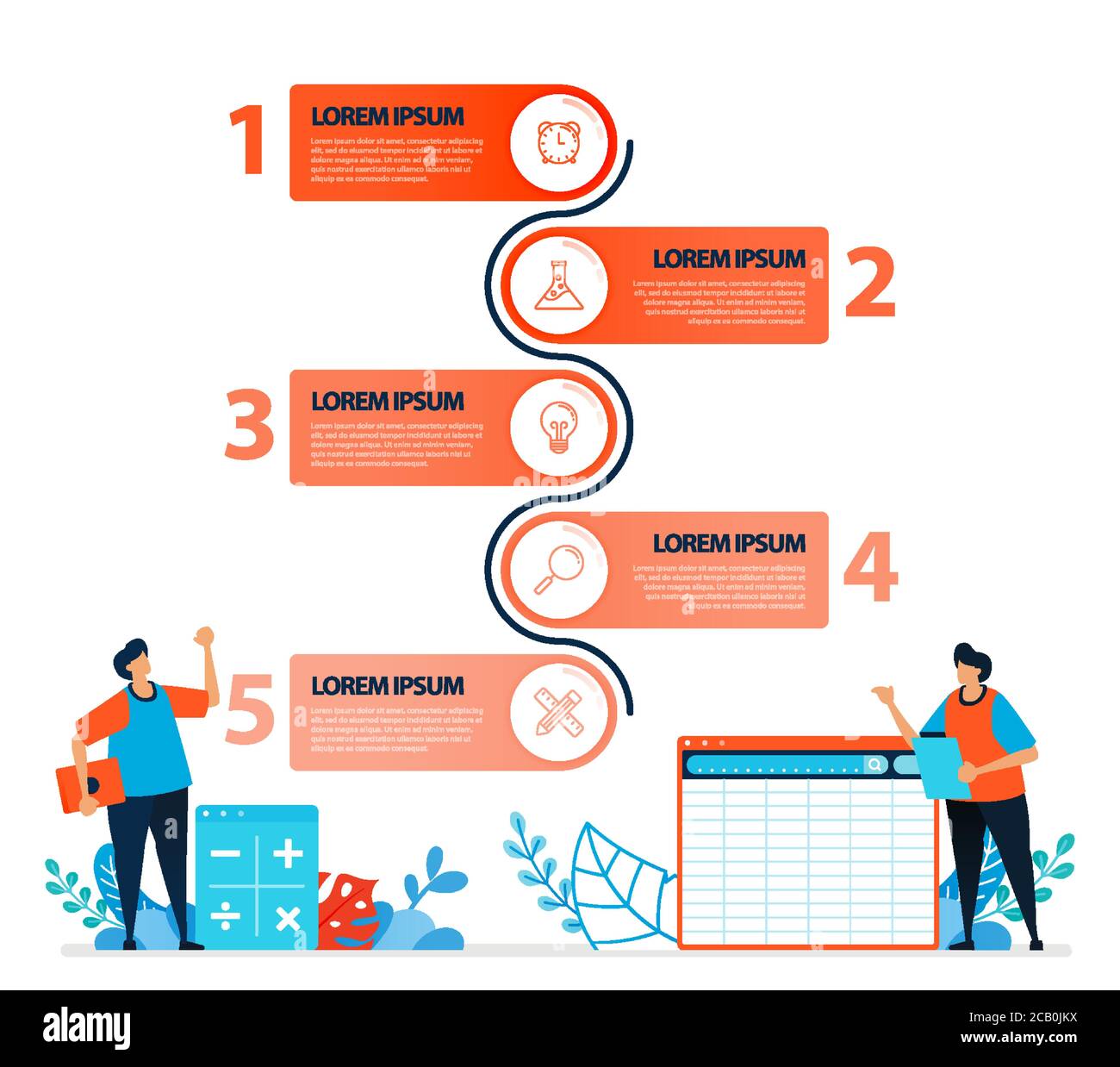 illustrazione umana e progettazione infografica per opzioni aziendali, fasi di apprendimento, processi di istruzione. Vettore piatto per landing page, web, sito web, ba Illustrazione Vettoriale
