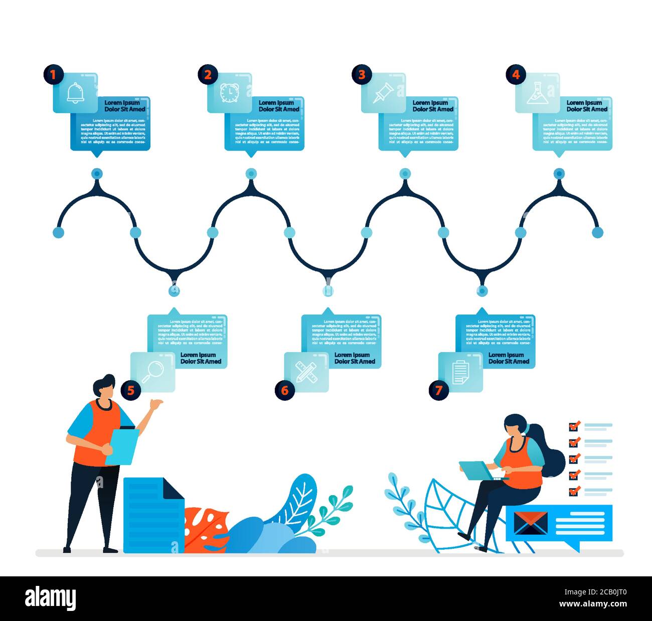 illustrazione umana e progettazione infografica per opzioni aziendali, fasi di apprendimento, processi di istruzione. Vettore piatto per landing page, web, sito web, ba Illustrazione Vettoriale