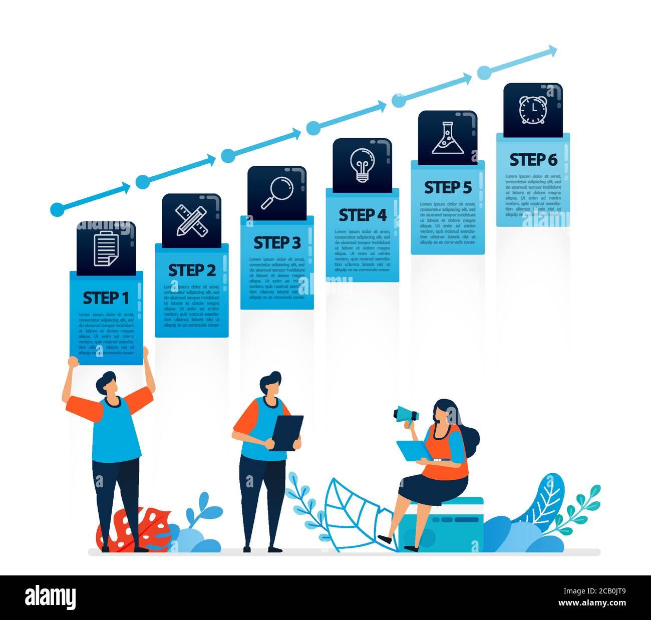 illustrazione umana e progettazione infografica per opzioni aziendali, fasi di apprendimento, processi di istruzione. Vettore piatto per landing page, web, sito web, ba Illustrazione Vettoriale