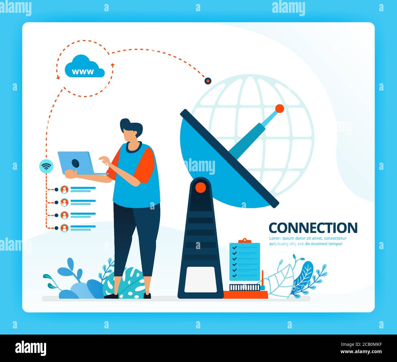 Illustrazione vettoriale per la connessione a Internet e il trasmettitore per la comunicazione. Personaggi vettoriali umani. Design per landing page, web, sito web Illustrazione Vettoriale