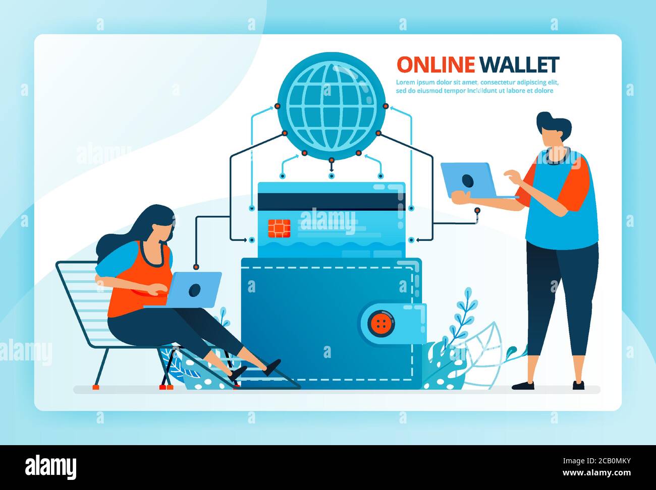 Illustrazione vettoriale del portafoglio online e del pagamento con carta di credito. Personaggi vettoriali umani. Design per landing page, web, sito web, pagina web, mobi Illustrazione Vettoriale