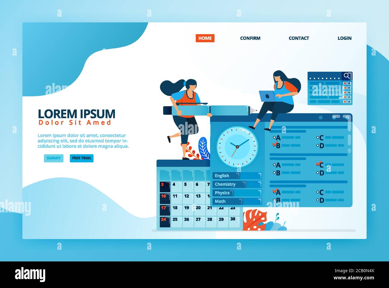 Illustrazioni cartoon per compilare quiz o esami online nel programma di formazione a distanza. Programma del test di ammissione in calendario. Istruzione digitale. Vettore Illustrazione Vettoriale