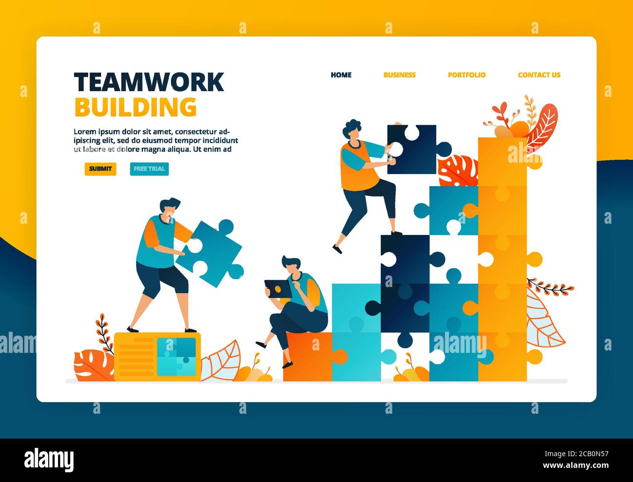 Illustrazione cartoon del lavoro di squadra e della collaborazione nel miglioramento delle prestazioni aziendali. Pianificazione e strategia per lo sviluppo dei dipendenti. Disegno vettoriale per la Illustrazione Vettoriale
