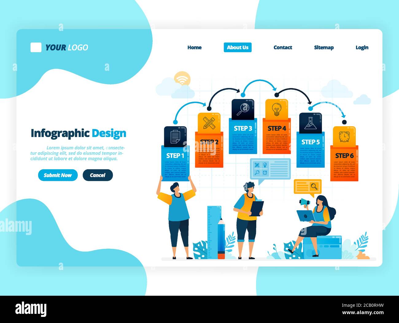 illustrazione umana e progettazione infografica per opzioni aziendali, fasi di apprendimento, processi di istruzione. Vettore piatto per landing page, web, sito web, ba Illustrazione Vettoriale