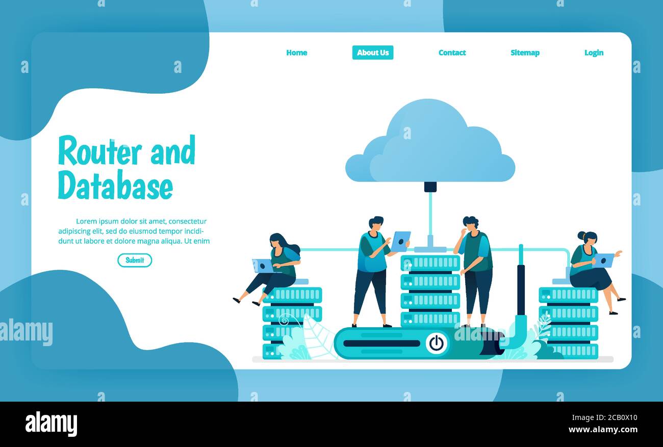 Modello della landing page del servizio router e database. Rete e infrastruttura WiFi per connessione internet e accesso sicuro. Immagine del pianerottolo Illustrazione Vettoriale