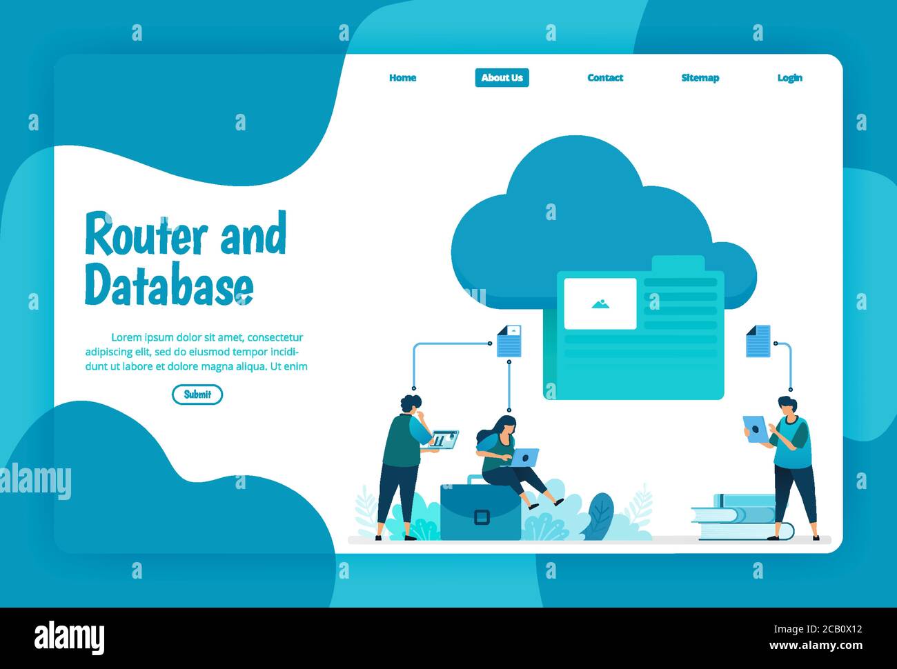 Modello di landing page del servizio di archiviazione di cloud e cartelle. Organizzare i file di rete e le connessioni nel cloud per lavorare sul database. Illustrazione di la Illustrazione Vettoriale