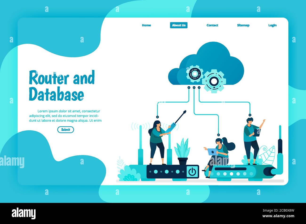 Modello della landing page del servizio router e database. Rete e infrastruttura WiFi per connessione internet e accesso sicuro. Immagine del pianerottolo Illustrazione Vettoriale