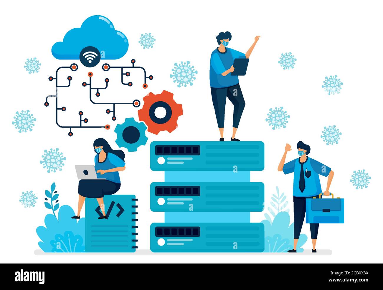 Illustrazione vettoriale della piattaforma di cloud computing per supportare nuovi lavori normali. Tecnologia di database per la pandemia di covid-19. Il disegno può essere usato per la pagina di destinazione, Illustrazione Vettoriale