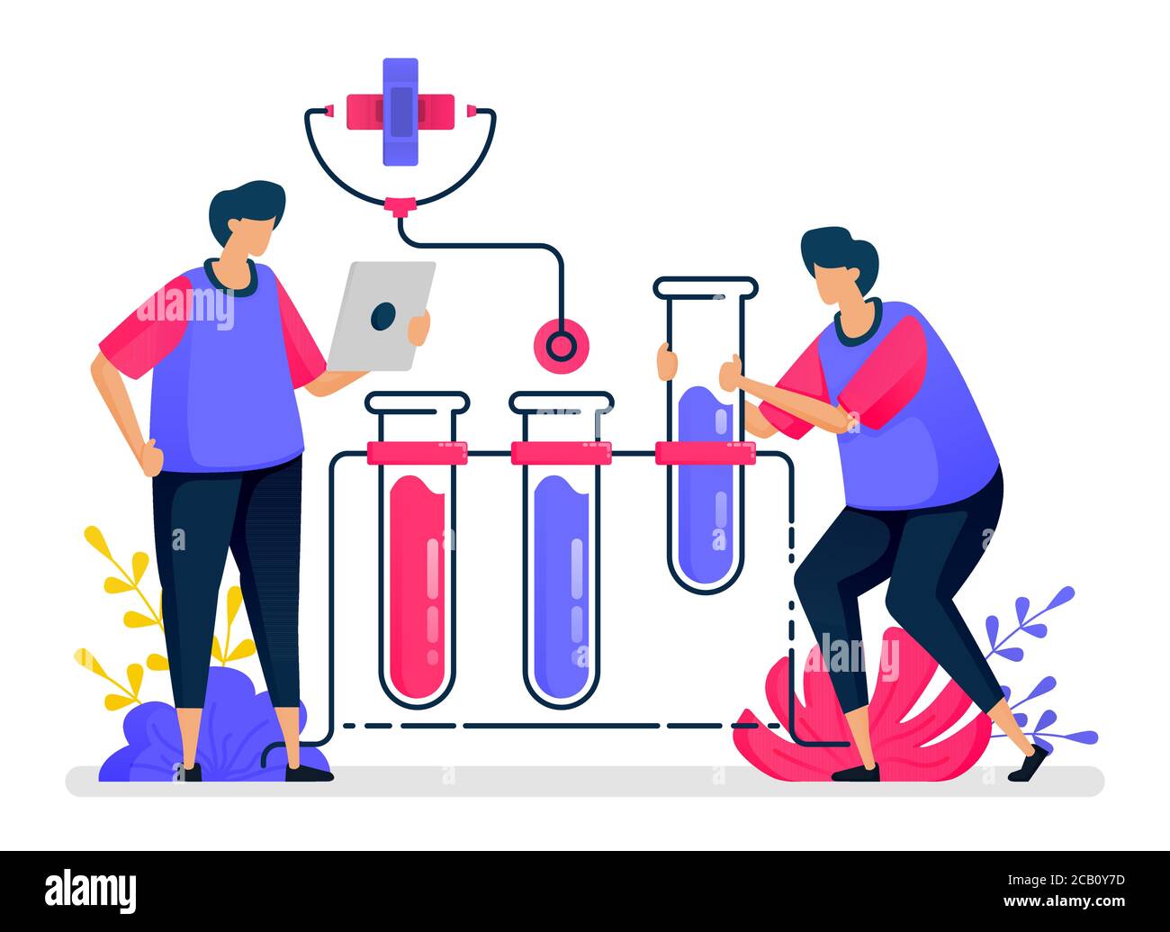 Illustrazione vettoriale piatta degli esperimenti chimici con provette per l'apprendimento e l'educazione sanitaria. Progettazione per l'assistenza sanitaria. Può essere utilizzato per il pianerottolo pa Illustrazione Vettoriale