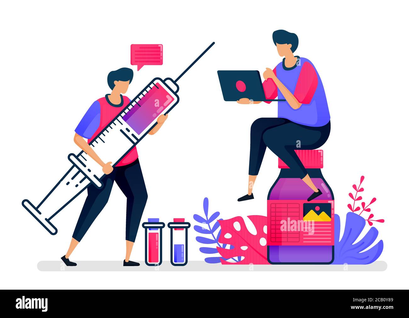 Illustrazione vettoriale piatta di vaccini e medicinali liquidi per pazienti, ospedali e sanità pubblica. Progettazione per l'assistenza sanitaria. Può essere utilizzato per il pianerottolo pa Illustrazione Vettoriale