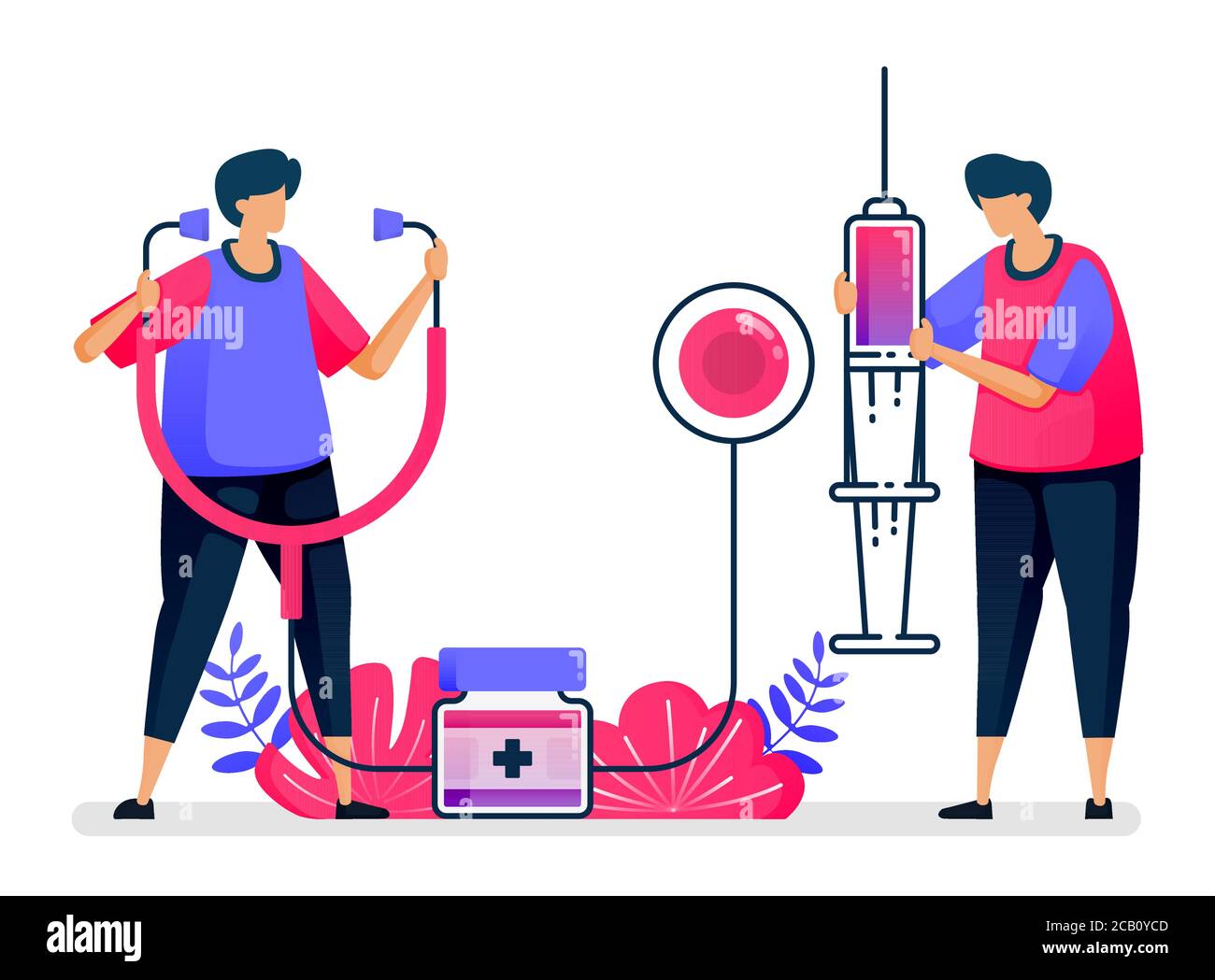 Illustrazione vettoriale piatta dei servizi sanitari pubblici per la vaccinazione, il trattamento, la terapia e la medicina. Progettazione per l'assistenza sanitaria. Può essere utilizzato per il pianerottolo pa Illustrazione Vettoriale