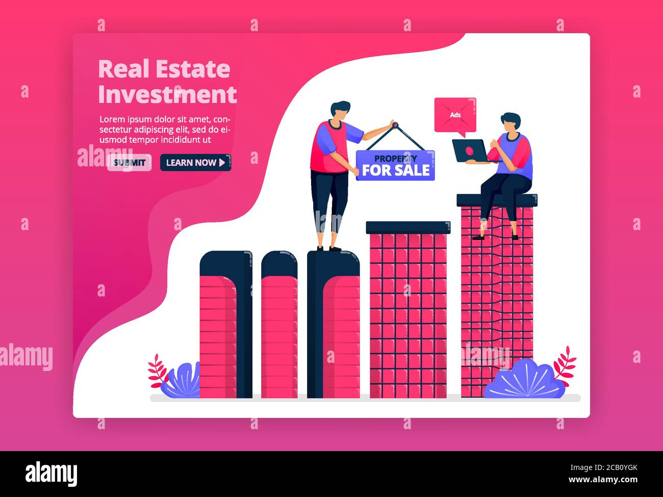 Illustrazione vettoriale di investire acquistando beni urbani, immobili o appartamenti. Aumentare la ricchezza acquistando proprietà. Può essere utilizzato per l'atterraggio Illustrazione Vettoriale