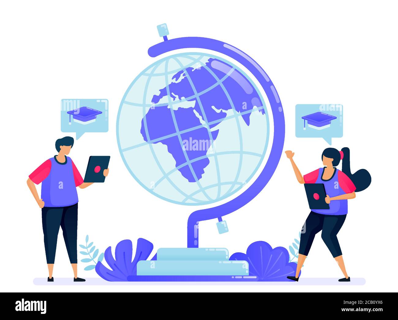 Illustrazione vettoriale per il mondo dell'istruzione, dell'apprendimento e del trasferimento delle conoscenze. Programmi di borse di studio mondiali per studenti. Può essere usato per landing page, noi Illustrazione Vettoriale