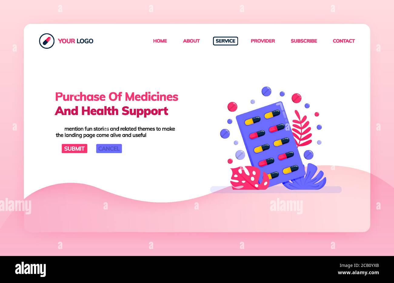 Modello di illustrazione della landing page dell'acquisto di medicinali e assistenza sanitaria. Online farmacia sito web. Temi di salute. Può essere utilizzato per la landing page, Illustrazione Vettoriale