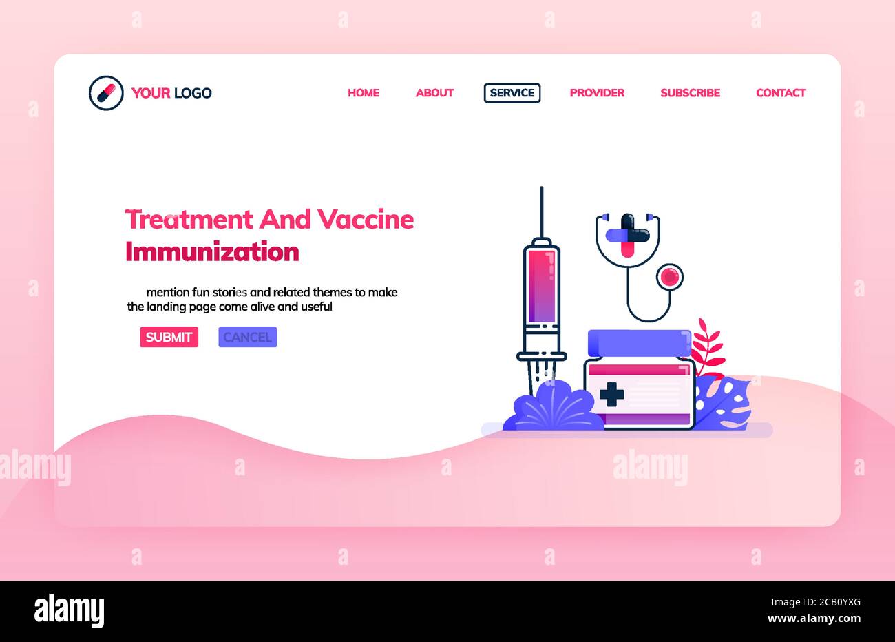 Modello illustrativo della landing page del trattamento e dell'immunizzazione del vaccino. Servizi di iniezione presso ospedali pubblici. Temi di salute. Può essere utilizzato per landi Illustrazione Vettoriale