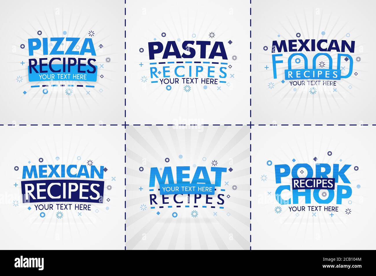 Set di ricette blu per riviste di cibo e ricette. Titoli dei menu dei ristoranti o badge per negozi di alimentari e ristoranti. Design minimalista per la ricetta ba Illustrazione Vettoriale