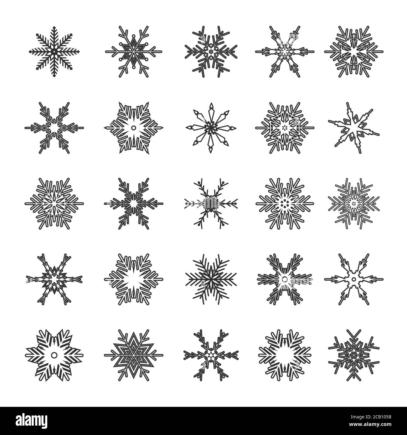 Fiocchi di neve neri isolati su sfondo bianco. Elementi di neve per felice anno nuovo e buon Natale decorazione biglietto d'auguri di Natale. Bellissima Illustrazione Vettoriale