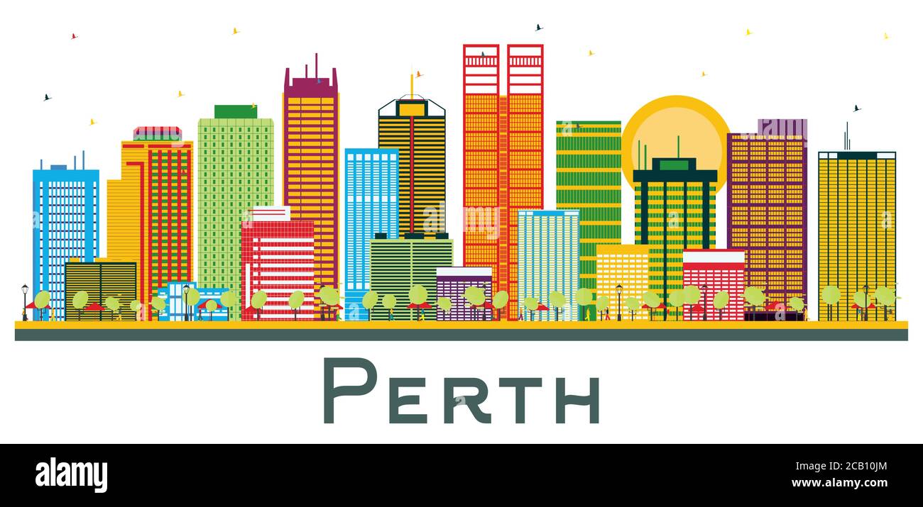 Skyline della città australiana di Perth con edifici a colori isolati su bianco. Illustrazione vettoriale. Illustrazione Vettoriale