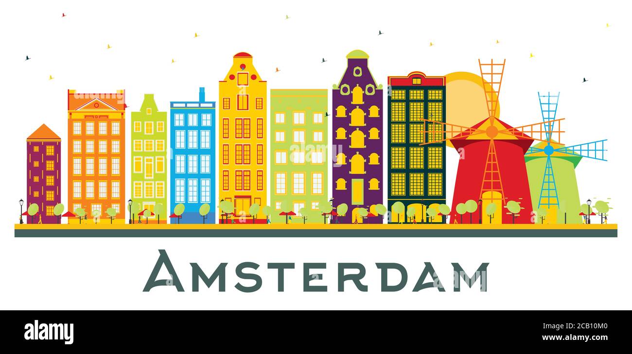 Skyline di Amsterdam Holland City con edifici a colori isolati su bianco. Illustrazione vettoriale. Illustrazione Vettoriale