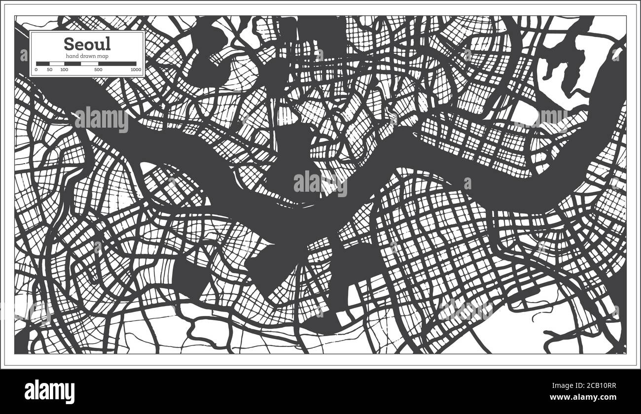 Seoul Mappa della città della Corea del Sud in bianco e nero in stile retro. Mappa di contorno. Illustrazione vettoriale. Illustrazione Vettoriale
