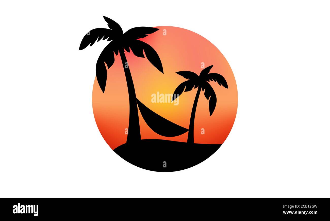 Immagine vettoriale della sagoma nera di due palme e di un'amaca su un'isola con un tramonto in arancione e giallo. Il design ha un effetto icona. Illustrazione Vettoriale