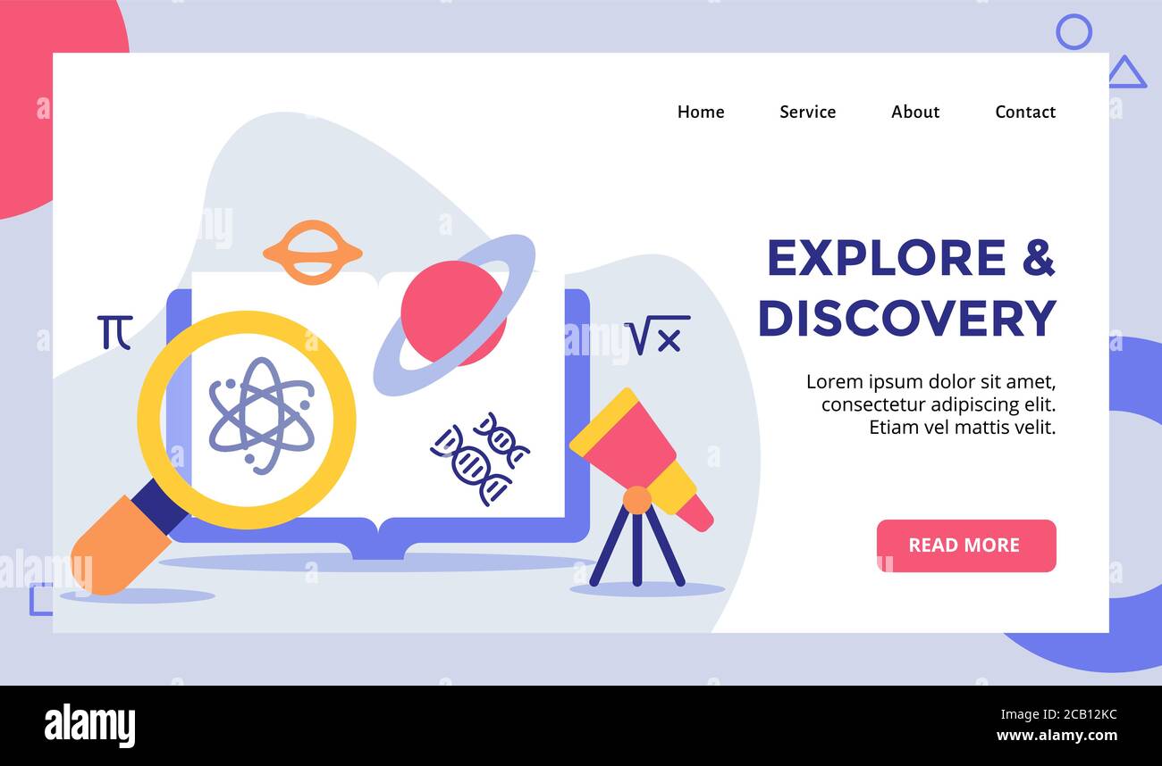 Esplorare e scoprire lupe lente lente lente lente telescopio per la campagna per il web pagina iniziale del sito pagina iniziale pagina di destinazione modello banner con moderno appartamento stile Illustrazione Vettoriale