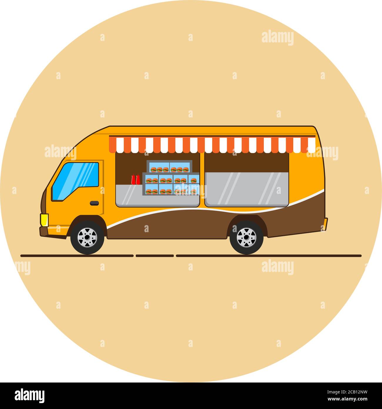Illustrazione vettoriale del venditore di cibo di strada su un camion, Street Hamburger disegno venditore Illustrazione Vettoriale