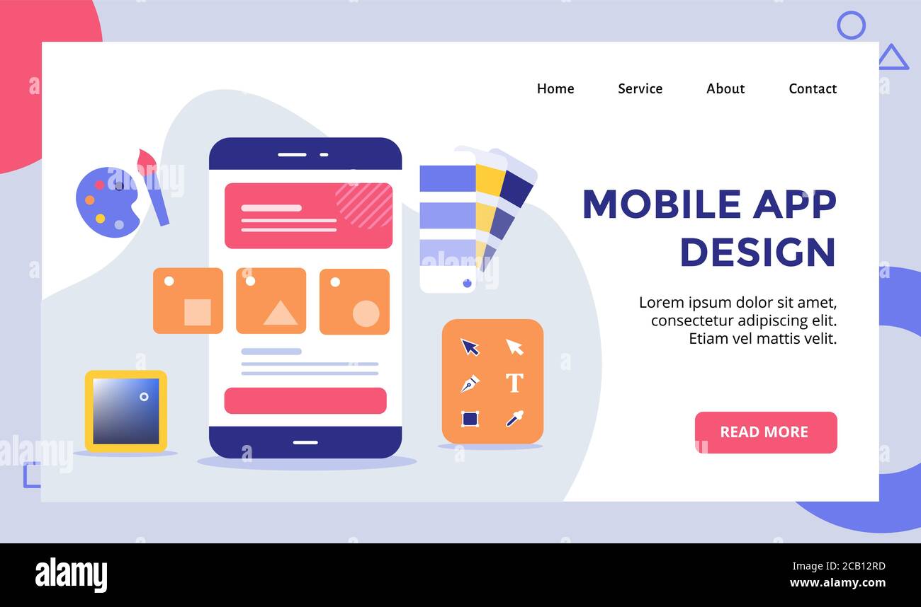 Campagna wireframe di progettazione di app mobili su smartphone per il sito Web home homepage landing page modello banner con stile moderno piatto Illustrazione Vettoriale