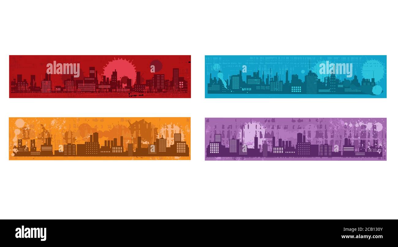 Collezione di striscioni vettoriali con case cittadine e moderne. Set di striscioni urbanistici orizzontali con grattacieli. EPS8 Illustrazione Vettoriale
