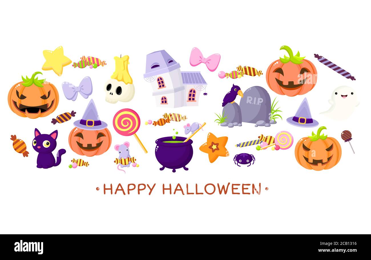 Set di personaggi dei cartoni animati di Halloween. Topi e cavoldini di strega, fantasma, casa infestata, corvo alla pietra grave, gatto nero, zucche, cranio con candela, Illustrazione Vettoriale