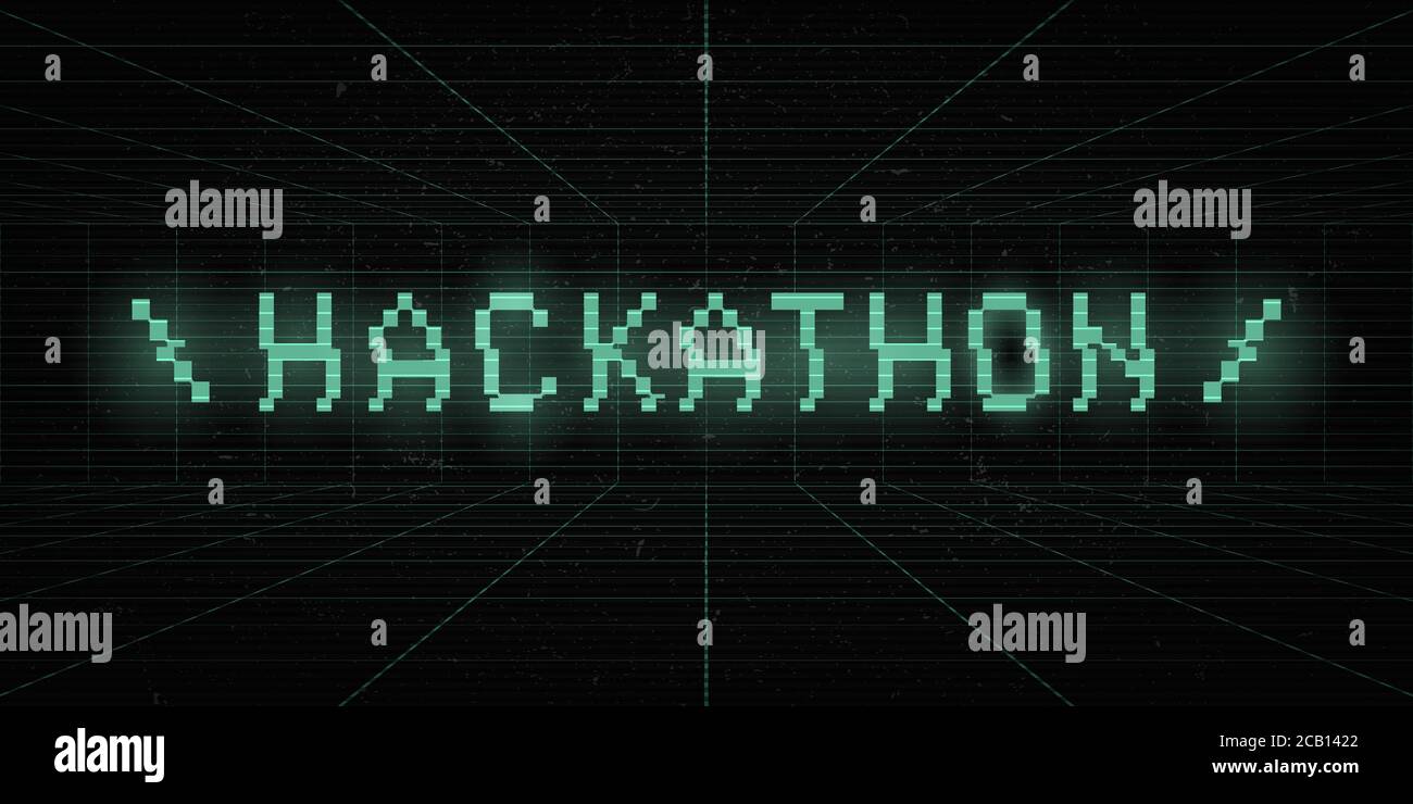 Hackathon 8 bit verde glitch titolo su sfondo laser griglia. Banner in stile scientifico retrò maratona hack. Effetto VHS. Concetto di cyberspazio. Progettazione per Illustrazione Vettoriale