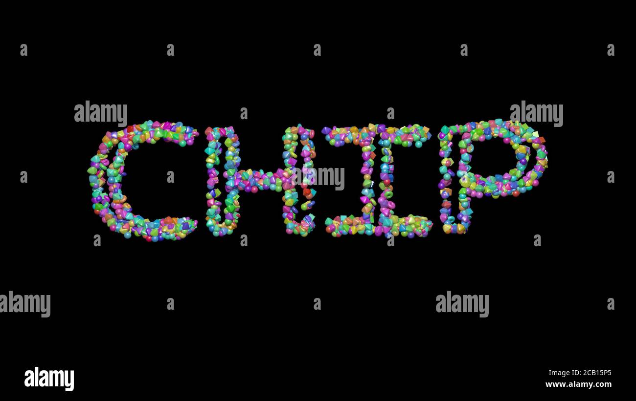 CHIP: Illustrazione 3D del testo fatto di piccoli oggetti su uno sfondo nero con ombre. Computer e circuito Foto Stock