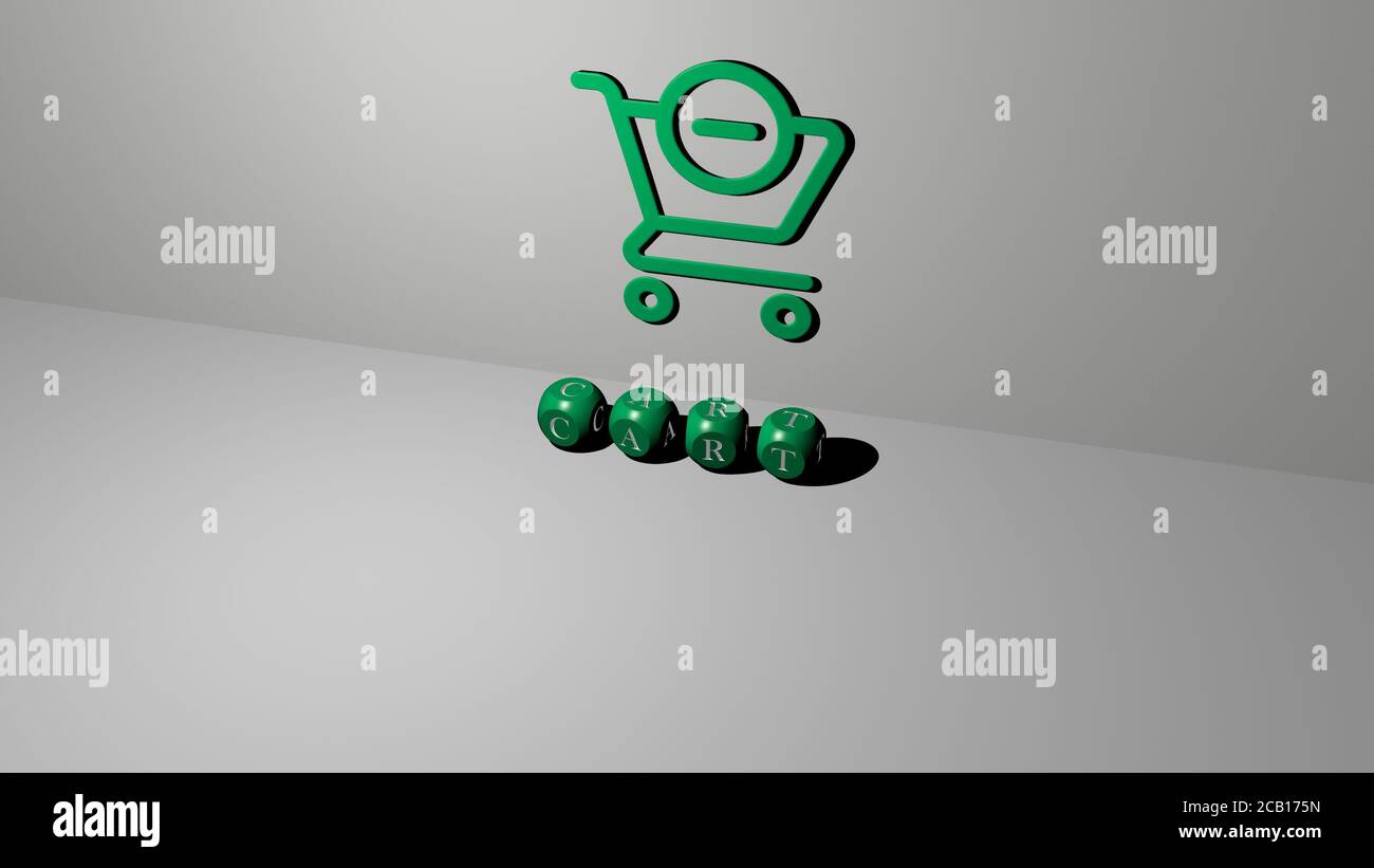 ICONA DEL CARRELLO 3D sulla parete e testo degli alfabeti cubici sul pavimento. Illustrazione 3D. Shopping e sfondo Foto Stock