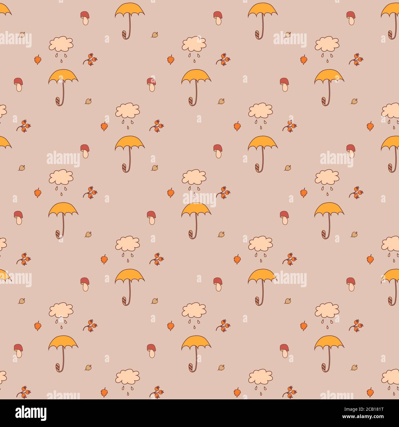 Ripetizione senza giunture. Autunno - ombrello, nube e pioggia, foglie e bacche, funghi su uno sfondo chiaro. Per decorazione e design autunnali, confezionamento e. Illustrazione Vettoriale