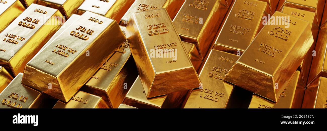 Vista ravvicinata delle barre d'oro o dei lingotti sullo sfondo del vault. Metallo prezioso. Illustrazione 3D . Illustrazione 3d di alta qualità Foto Stock