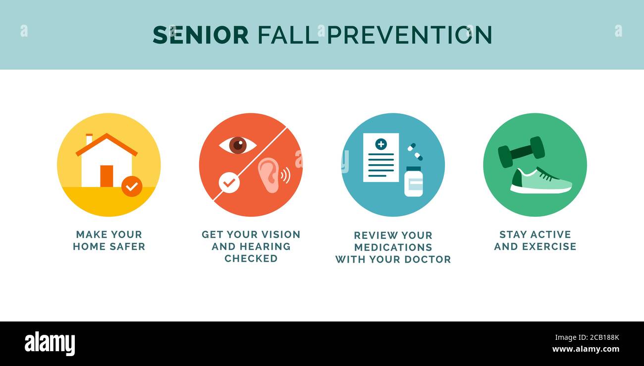 Set di icone di suggerimenti per la prevenzione dell'autunno senior, concetto di stile di vita sano Illustrazione Vettoriale