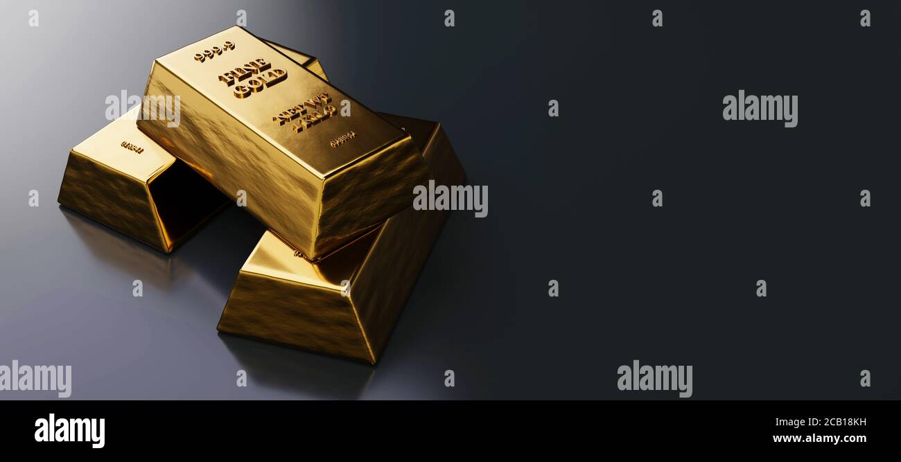 Vista ravvicinata delle barre d'oro o dei lingotti sullo sfondo del vault. Metallo prezioso. Illustrazione 3D . Illustrazione 3d di alta qualità Foto Stock