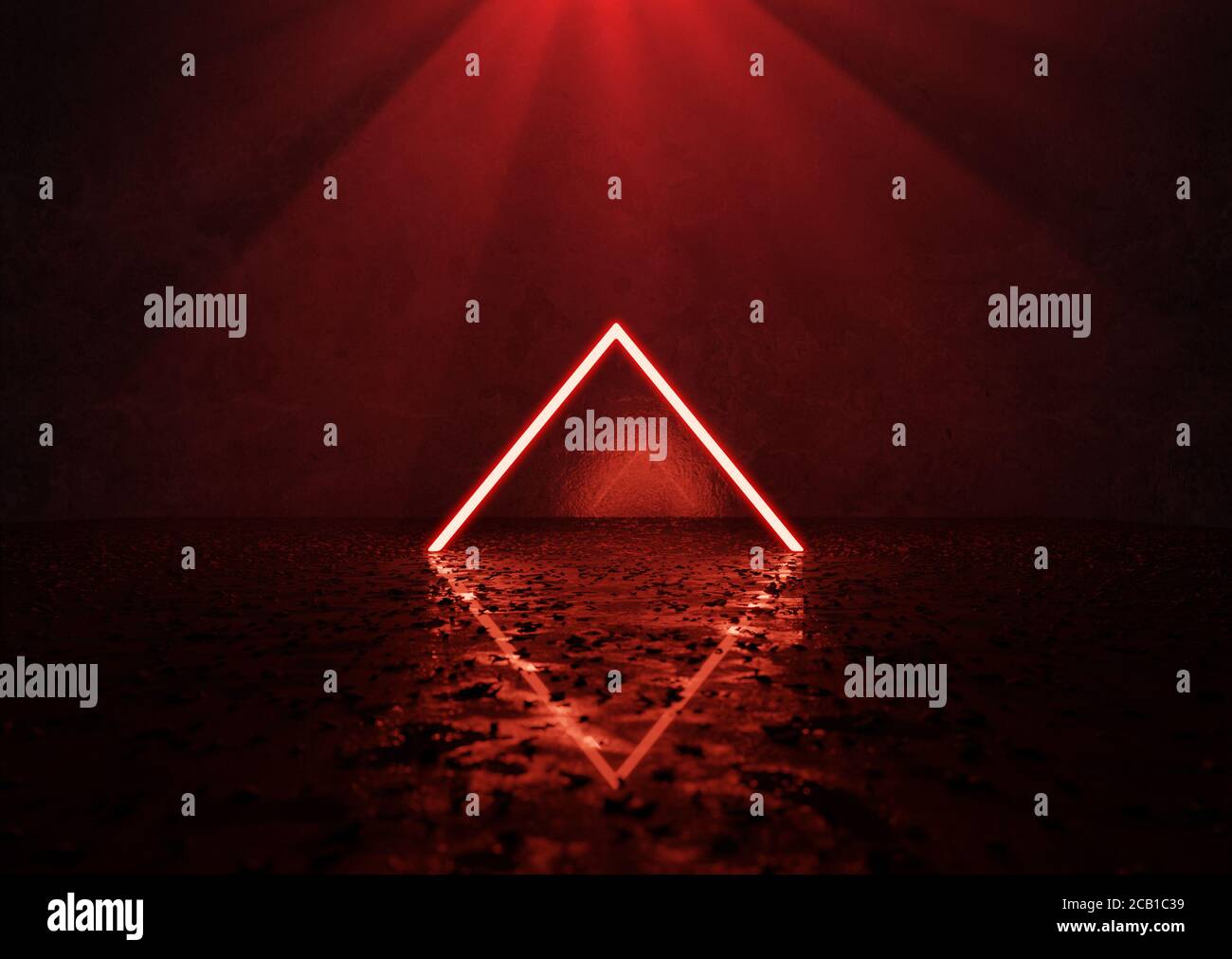 rendering 3d della forma triangolare rossa più chiara su grunge umido pavimento Foto Stock