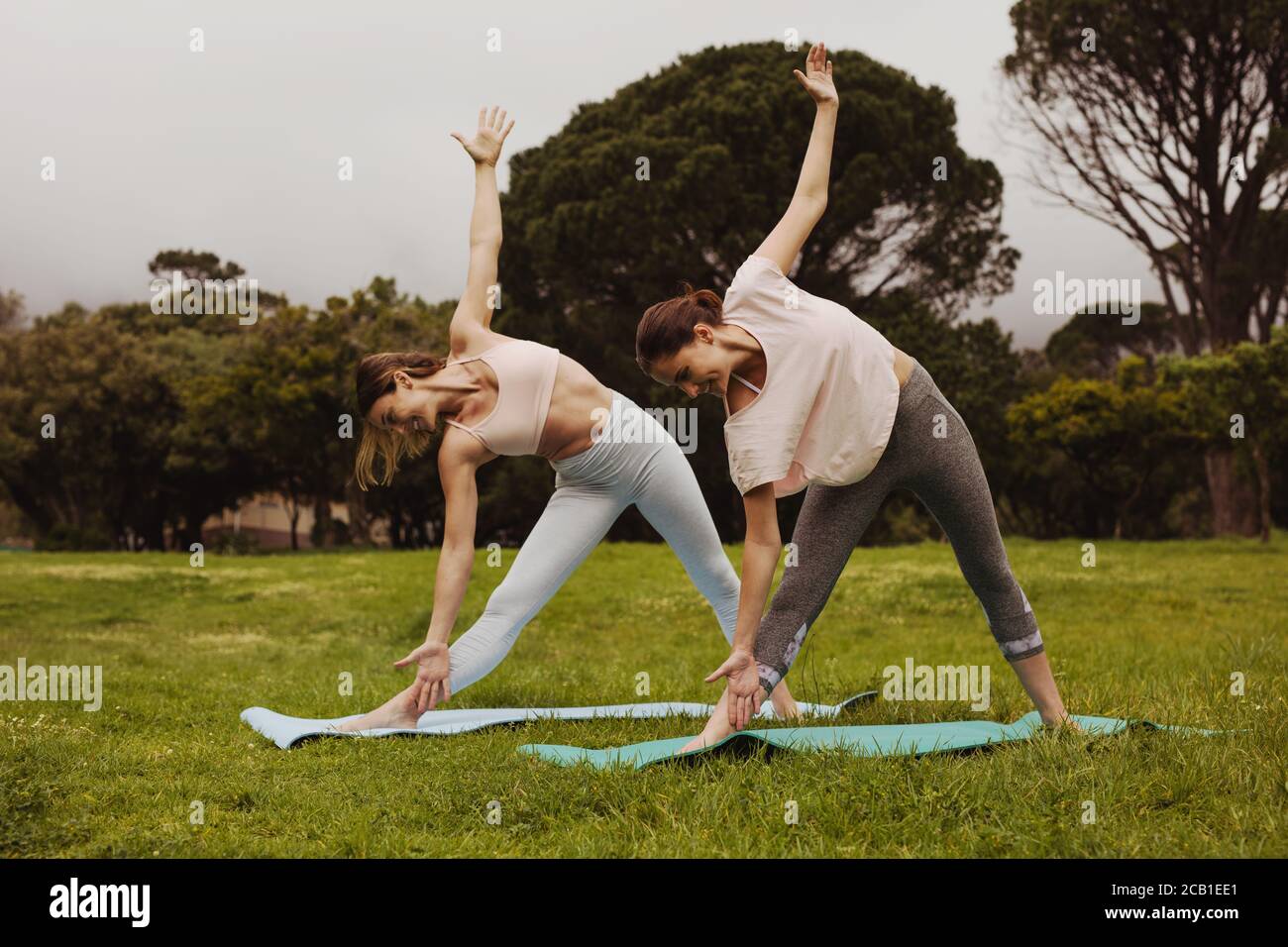 le donne in forma di triangolo posano mentre praticano yoga in un parco. Donne che si allenano in un parco. Foto Stock