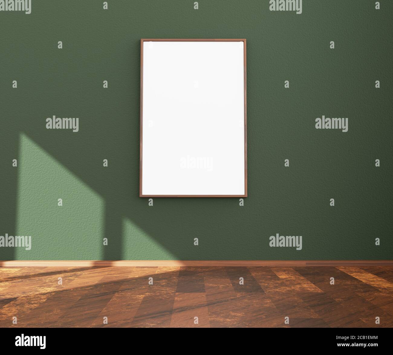 Immagine vuota o cornice per poster su una parete bianca per la simulazione. Illustrazione 3D. Foto Stock