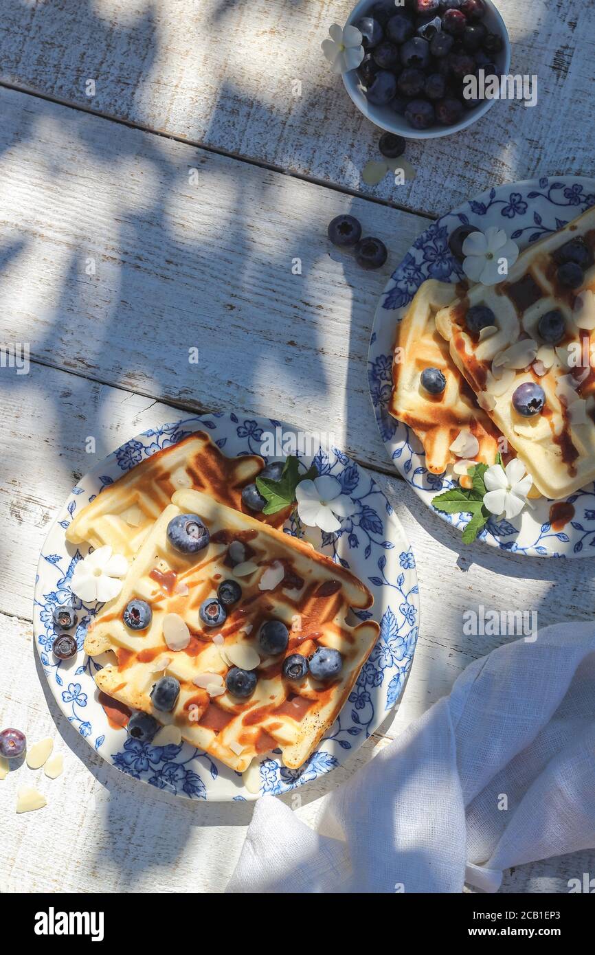 Flatlay con waffle e mirtilli sparati su un tavolo da giardino sotto una luce intensa Foto Stock