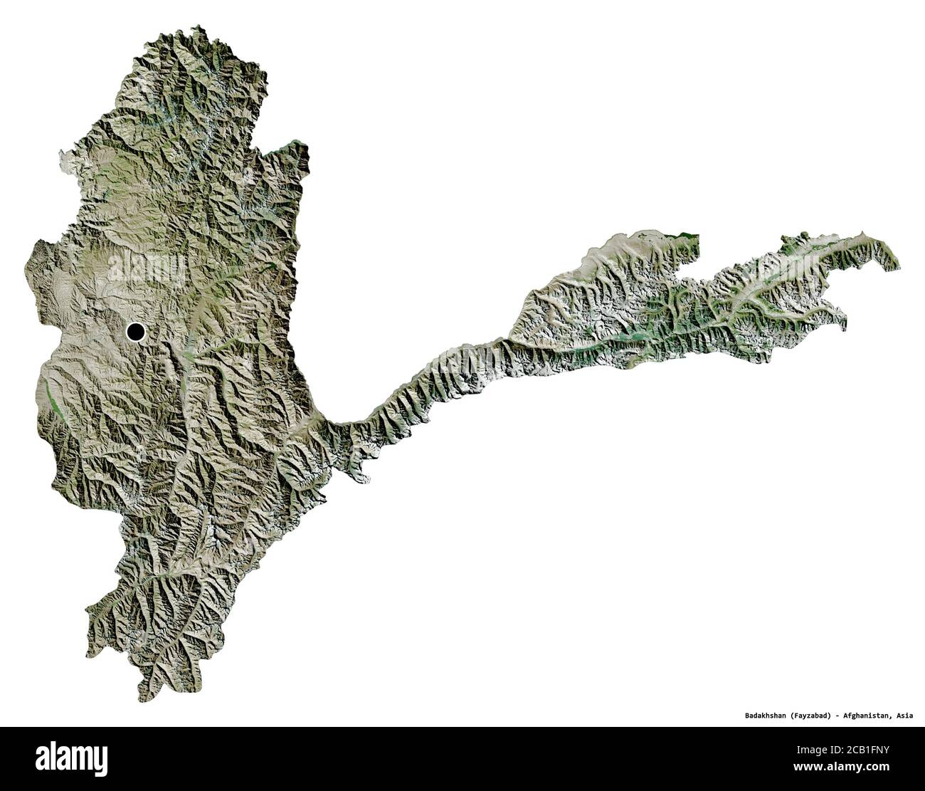Forma di Badakhshan, provincia dell'Afghanistan, con la sua capitale isolata su sfondo bianco. Immagini satellitari. Rendering 3D Foto Stock