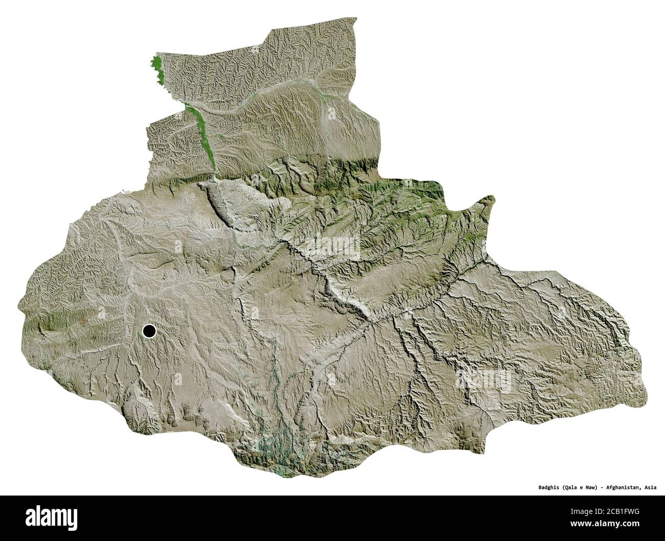 Forma di Badghis, provincia dell'Afghanistan, con la sua capitale isolata su sfondo bianco. Immagini satellitari. Rendering 3D Foto Stock